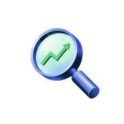 Blue magnifying glass with a green upward trending arrow inside, symbolizing growth or analysis.